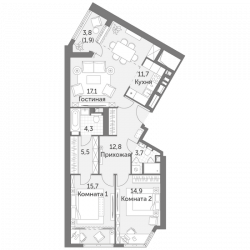 Трёхкомнатная квартира 87.6 м²