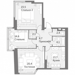 Трёхкомнатная квартира 89.5 м²