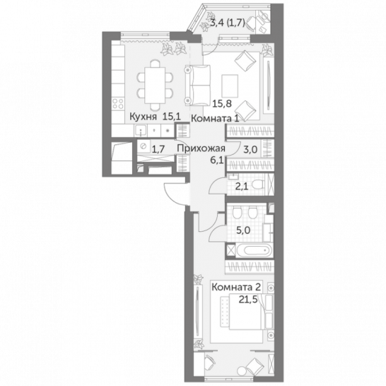 Двухкомнатная квартира 72 м²