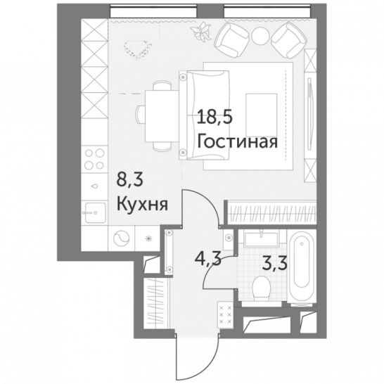 Студия 34.4 м²