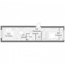 Однокомнатная квартира 55 м²