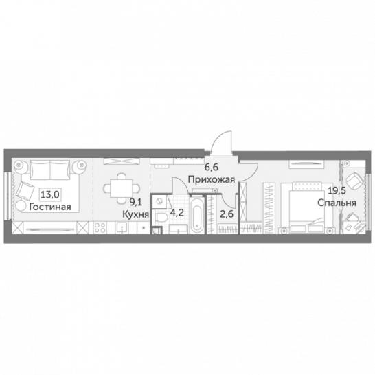 Однокомнатная квартира 55 м²