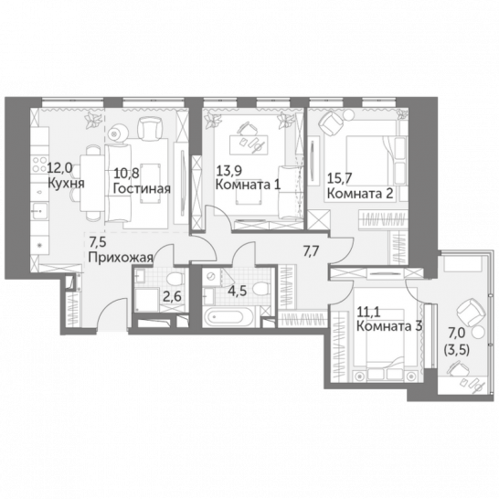 Четырёхкомнатная квартира 89.3 м²