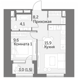 Однокомнатная квартира 39.3 м²