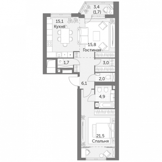 Двухкомнатная квартира 71.8 м²