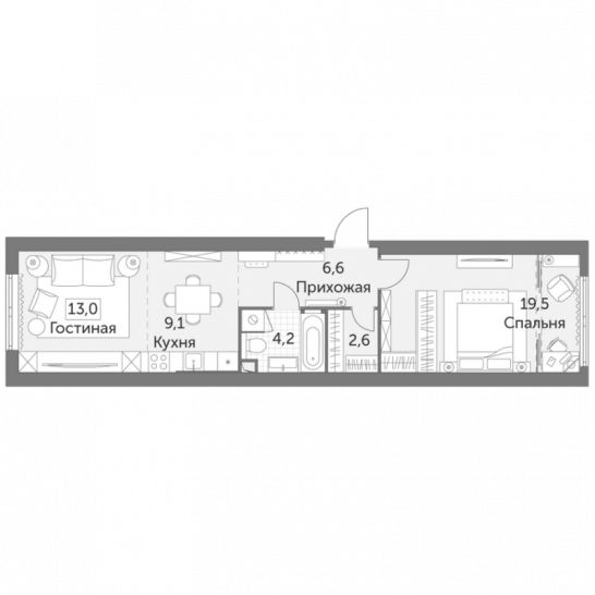 Однокомнатная квартира 55 м²