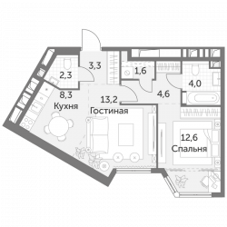 Двухкомнатная квартира 50.2 м²