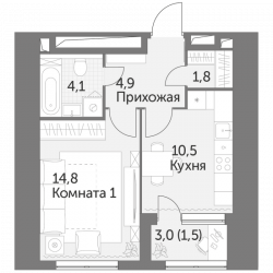 Однокомнатная квартира 37.6 м²