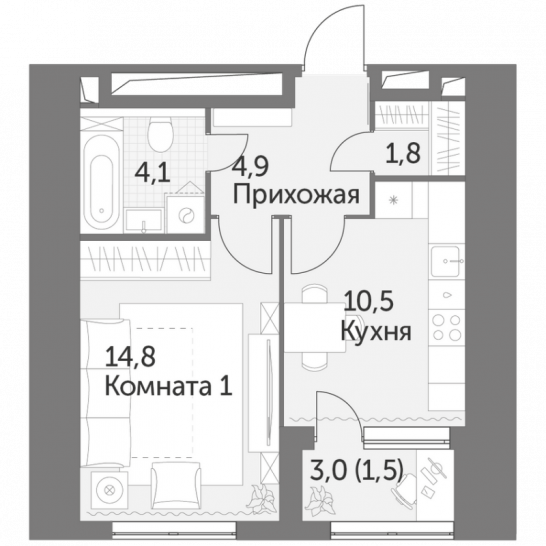 Однокомнатная квартира 37.6 м²