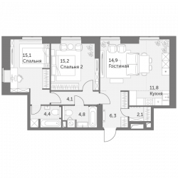 Трёхкомнатная квартира 78.7 м²
