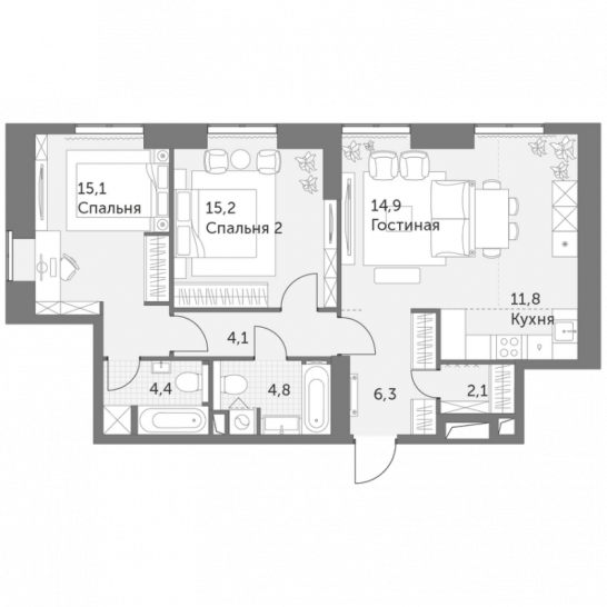 Трёхкомнатная квартира 78.7 м²